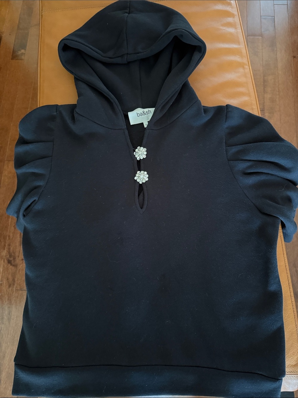ba&sh Black Hooded Short-Sleeve Sweatshirt with Rhinestone Floral Buttons